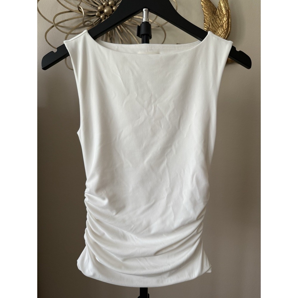 Open Edit Ruched Tank Top XXS Ivory White Sleeveless Bateau Neck Stretch Flaw